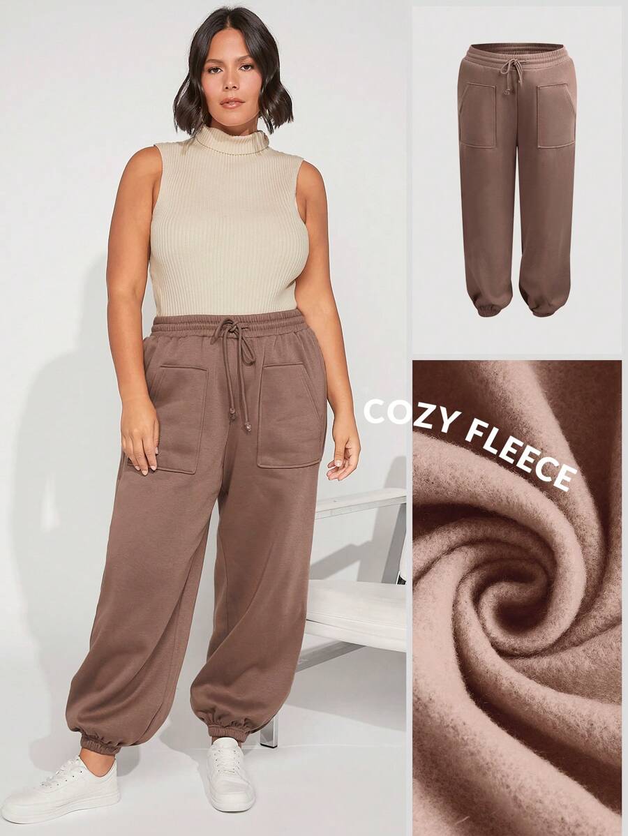 SHEIN BASICS Plus Cozy Fleece Drawstring Waist Pocket Patched Sweatpants