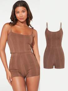 SHEIN BASICS 素色吊帶上衣&騎行褲套裝 - 棕色 - 查看 1