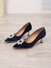 2023 New Arrival Rhinestone Decorated Elegant High Heels With Pointed Toe, Fashionable All-match Lightly Grained Pu Leather Women's Shoes - Royal Blue - View 1