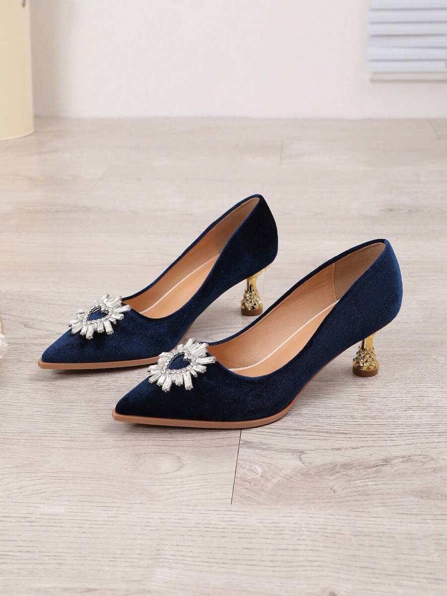 2023 New Arrival Rhinestone Decorated Elegant High Heels With Pointed Toe, Fashionable All-match Lightly Grained Pu Leather Women's Shoes - Royal Blue - View 1