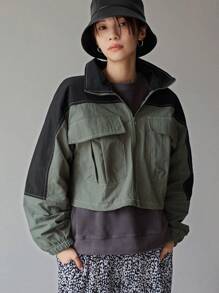 FRIFUL Two Tone Flap Pocket Drop Shoulder Zipper Jacket,Fall Clothes - Green - View 6