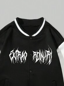 ROMWE MEN Goth Guys Skeleton & Slogan Graphic Striped Trim Drop Shoulder Varsity Jacket - Black - View 3