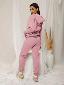 SHEIN SXY Drop Shoulder Drawstring Thermal Lined Hoodie & Sweatpants - Pink - View 2