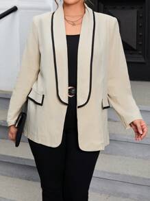 SHEIN Privé Plus Contrast Binding Open Front Blazer - Khaki - View 4