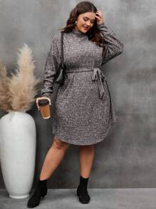 SHEIN LUNE Plus Mock Neck Drop Shoulder Belted Dress - Dark Grey - View 5