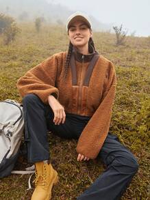 In My Nature 素色拉鏈開襟短款毛絨夾克 - 咖啡棕 - 查看 5