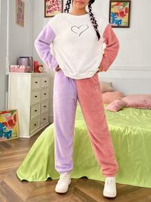 SHEIN EZwear Heart Embroidery Drop Shoulder Teddy Pullover & Pants - Multicolor - View 1