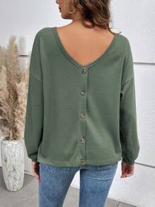 SHEIN VCAY Button Back Drop Shoulder Tee - Green - View 2