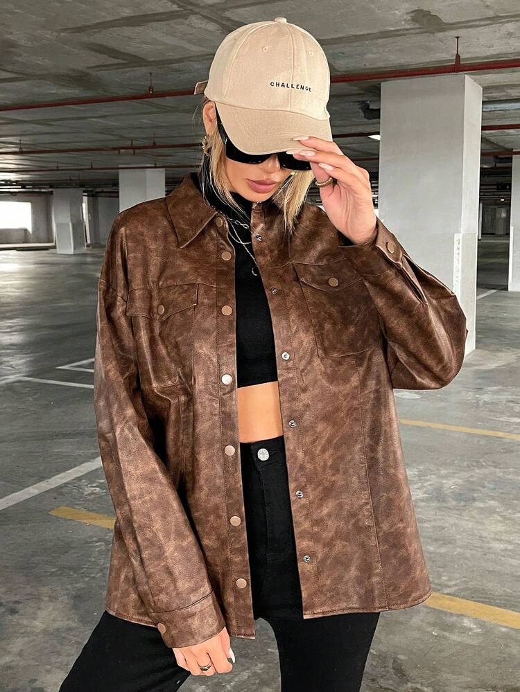 Tie Dye Drop Shoulder Flap Pocket Coat Fall Cloth For Women