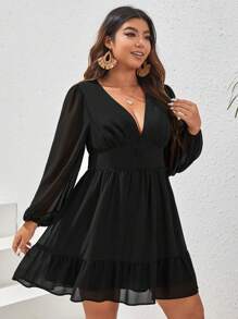 SHEIN VCAY Talla grande Vestido de manga farol bajo con fruncido - Negro - Ver 4