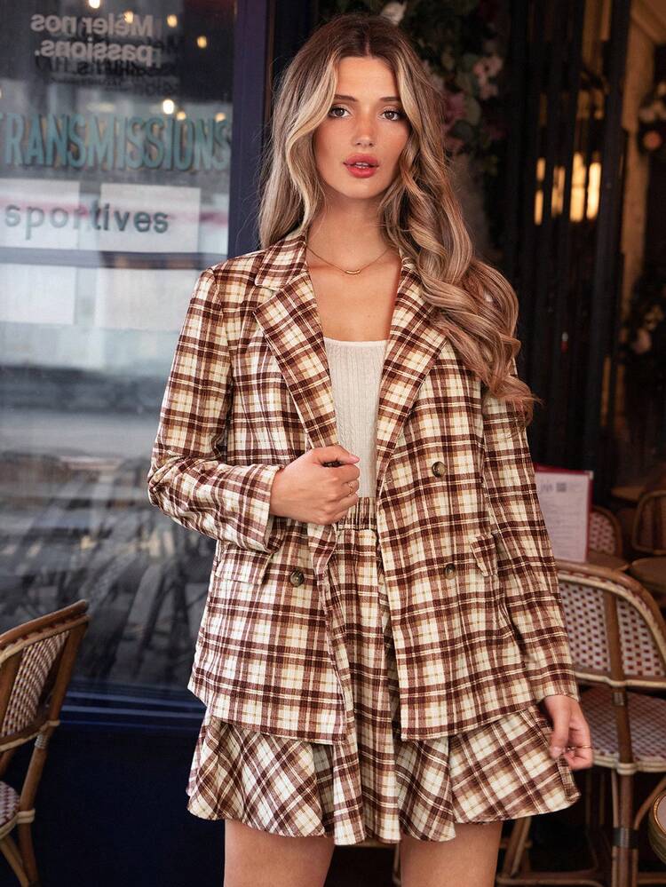 Plaid Print Shawl Collar Blazer Casual Check