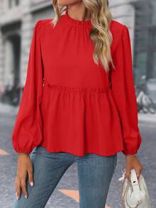 Chiquease 褶邊燈籠袖荷葉邊下擺襯衫 - 紅色 - 查看 5