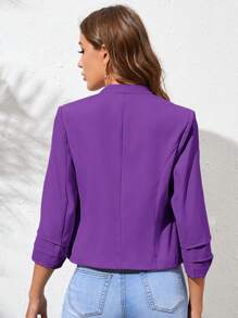 SHEIN Clasi Solid Open Front Ruched Sleeve Jacket - Purple - View 2