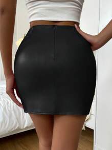 Firerie High Waist Split Hem PU Bodycon Skirt - Black - View 2