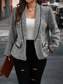 SHEIN Clasi 大碼青果領雙排釦花呢外套 - 黑與白 - 查看 1