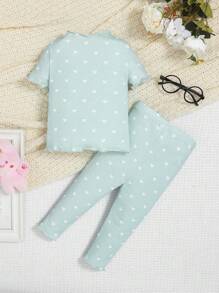 SHEIN Leap Crew Baby Allover Heart Print Lettuce Trim PJ Set For Valentine's Day - Mint Blue - View 2