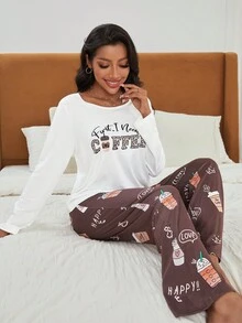 Slogan Graphic Tee & Cartoon Graphic Pants PJ Set - Coffee Brown - View 5