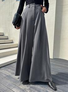 DAZY 拼接細節闊腿西裝褲 - 灰色 - 查看 1