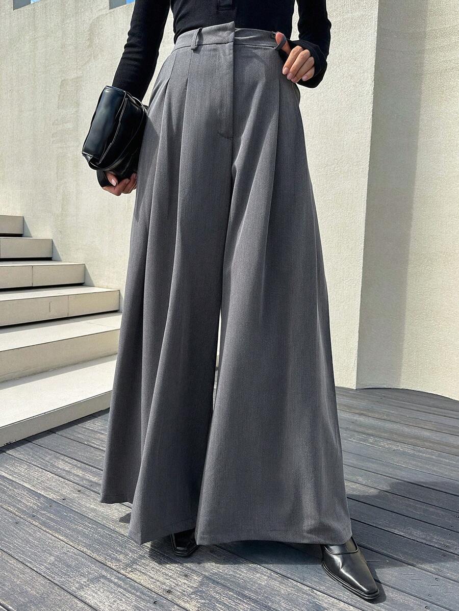 DAZY 拼接細節闊腿西裝褲 - 灰色 - 查看 1