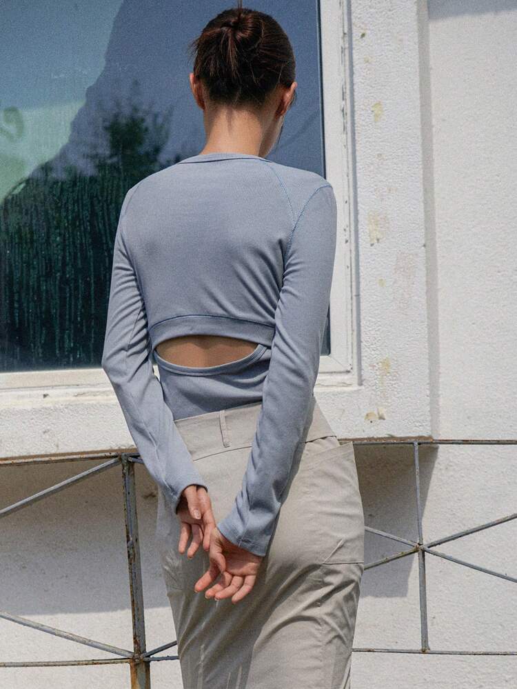 Solid Ribbed Knit Tee Long Sleeve Women Tops