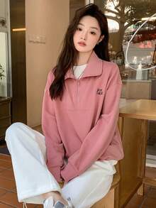 DAZY Đồ họa Chữ cái Một nửa khóa kéo Thả vai Áo chui đầu Oversized - Hồng - Xem 4