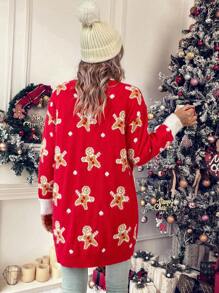 SHEIN LUNE Christmas Bear Pattern Dual Pocket Contrast Trim Dual Pocket Cardigan For New Year Clothes - Red - View 2