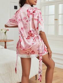 印花蕾絲拼接吊帶背心和短褲&睡袍睡衣套裝 - 彩色 - 查看 2