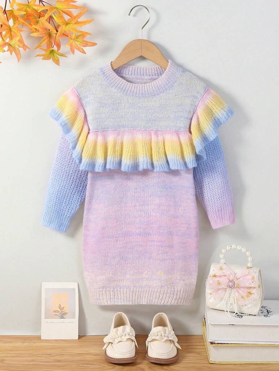 SHEIN 女小童漸層荷葉邊毛衣洋裝 - 彩色 - 查看 1