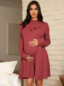 SHEIN 孕婦褶邊燈籠袖洋裝 - 紅色 - 查看 1