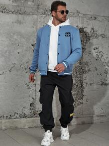 Manfinity Homme Men Plus Letter Patched Striped Trim Bomber Jacket Without Hoodie - Blue - View 3