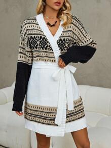 SHEIN Unity Cárdigan sin cinturón de hombros caídos con estampado geométrico - Blanco y Negro - Ver 4