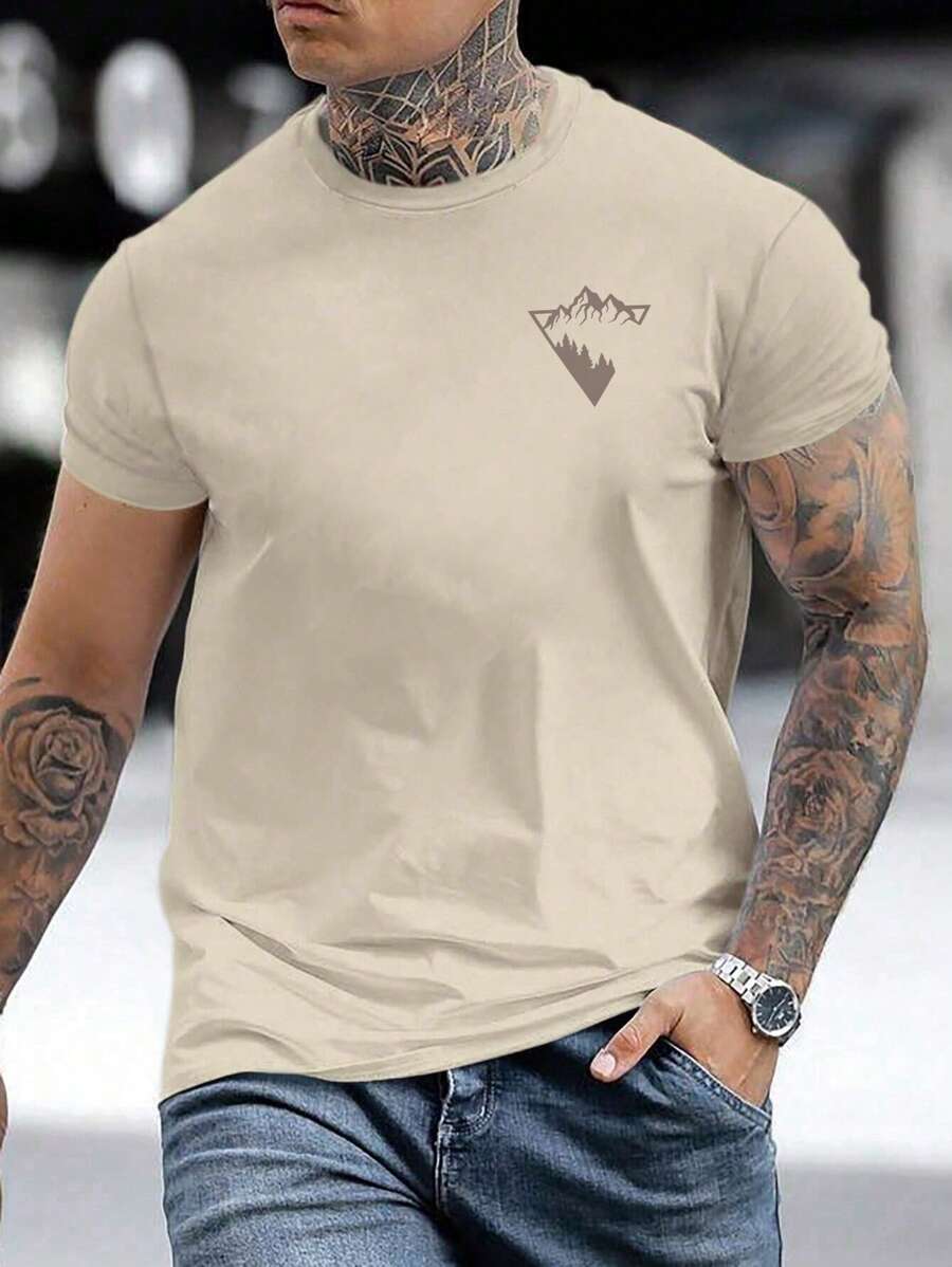 Hombres Camiseta con estampado de montaña - Caqui - Ver 1
