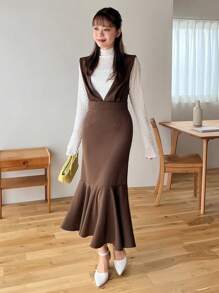 FRIFUL Solid Mermaid Hem Overall Dress Without Tee - Coffee Brown - View 2