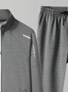 Manfinity 男士字母圖案拉鍊開襟夾克和衛褲 - 灰色 - 查看 4