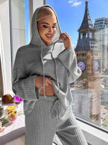 Drop Shoulder Drawstring Hooded Lounge Set - Grey - View 4