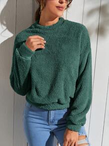 SHEIN LUNE Solid Drop Shoulder Teddy Sweatshirt - Dark Green - View 1