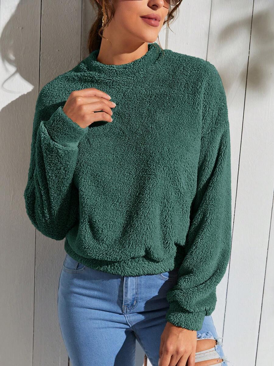 SHEIN LUNE Solid Drop Shoulder Teddy Sweatshirt - Dark Green - View 1