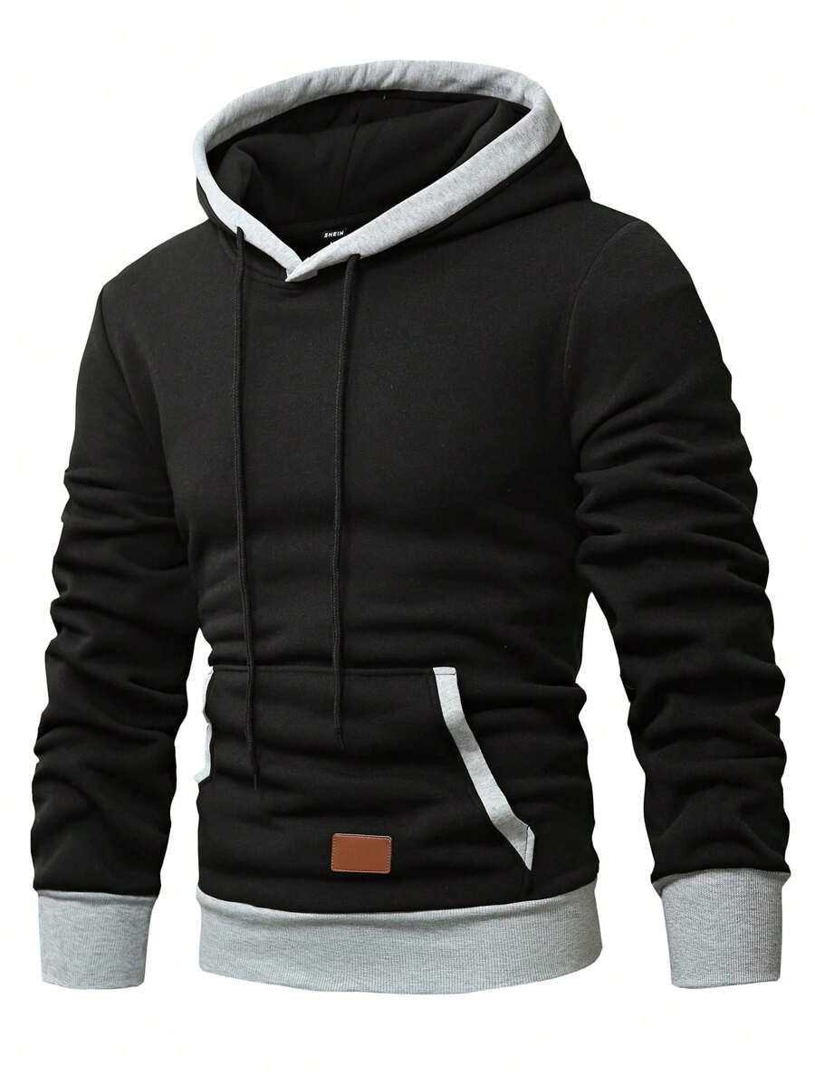 Manfinity Homme Men Patched Detail  Pocket Drawstring Hoodie, Men Hoodies, Black Hoodies For Men, Designer Hoodies Men - Black - View 1