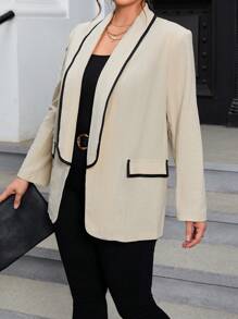 SHEIN Privé Plus Contrast Binding Open Front Blazer - Khaki - View 6