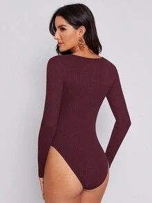 SHEIN Essnce 大圓領羅紋針織T恤連體衣 - 酒紅色 - 查看 2