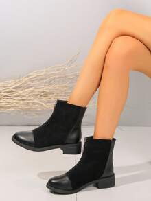 女士們時尚方頭拉鍊高跟鞋薄靴子帶拼貼設計 - 黑色 - 查看 4