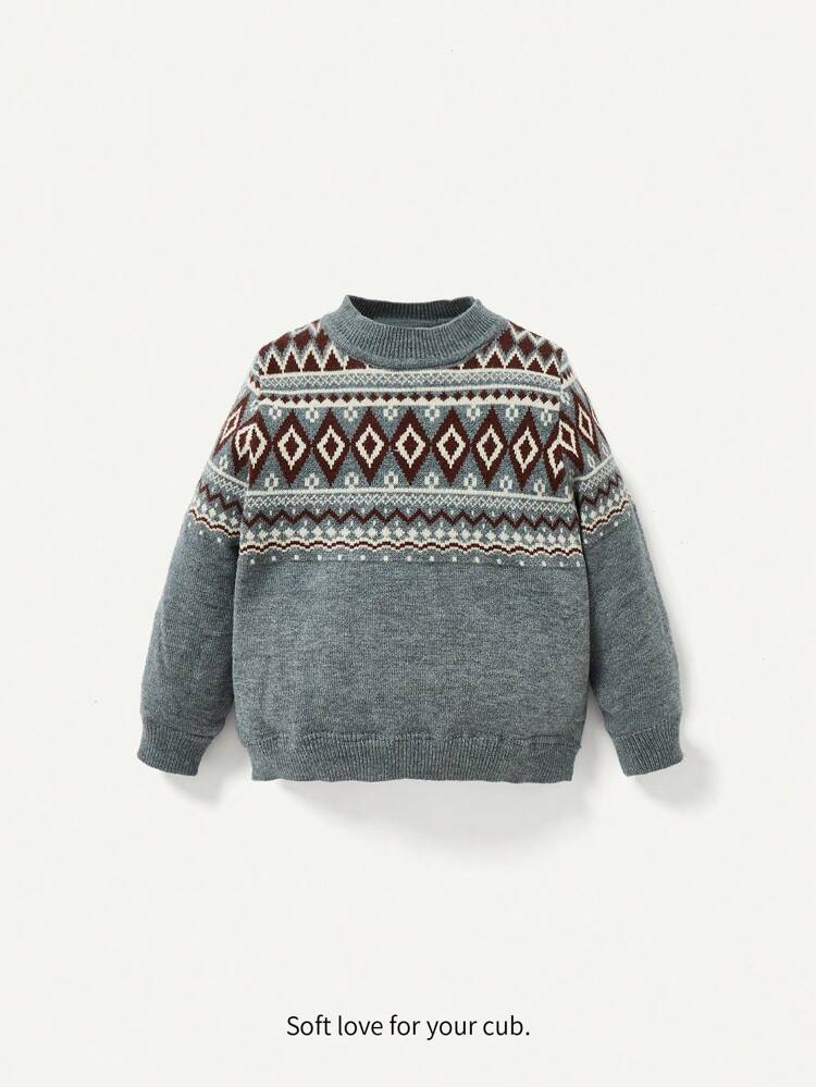 Baby Boy Geo Pattern Drop Shoulder Sweater
