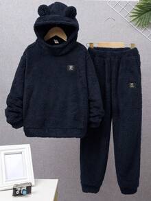 SHEIN 青少年男孩休闲贴布羊毛连帽运动衫和慢跑裤两件套 - 藏蓝色 - 查看 10