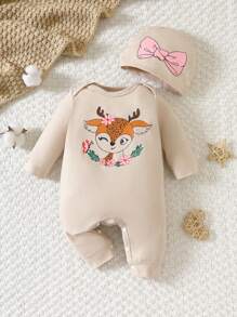 SHEIN Baby Girl Casual Cartoon Pattern Jumpsuit And Hat, For Christmas