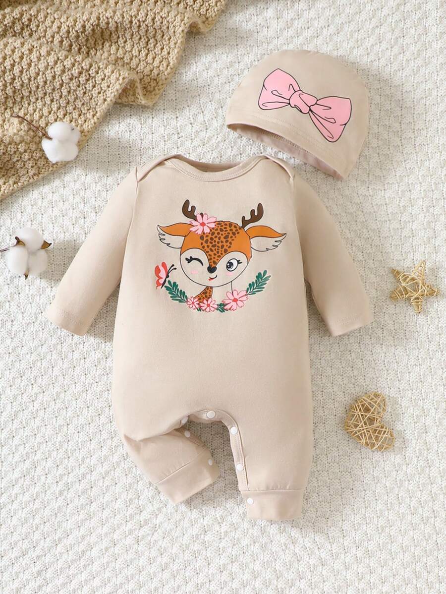 SHEIN Baby Girl Casual Cartoon Pattern Jumpsuit And Hat, For Christmas