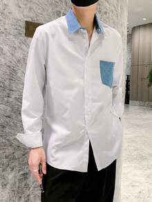 Manfinity Hypemode 男士對比色拼接口袋鈕領長袖襯衫 - 白色 - 查看 5