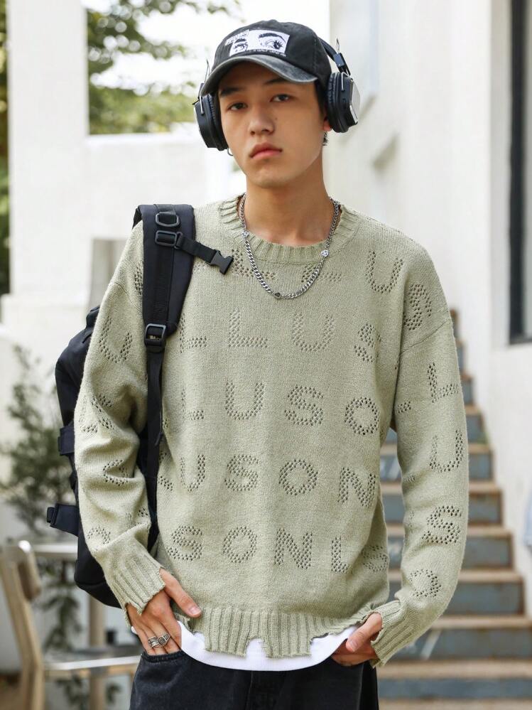 Claim Dot Loose Fit Men's Sweater With Letter Pattern And Drop Shoulders - Mint Green - View 3