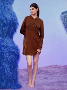 SHEIN X The Smurfs Embroidery Cartoon Pattern Hooded Nightdress - Coffee Brown - View 3