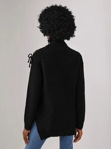 ALBERTI High Neck Lace Up Detail Sweater - Black - View 2