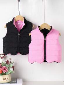 SHEIN Young Girl 1pc Zipper Front Reversible Vest Padded Coat - Black - View 1